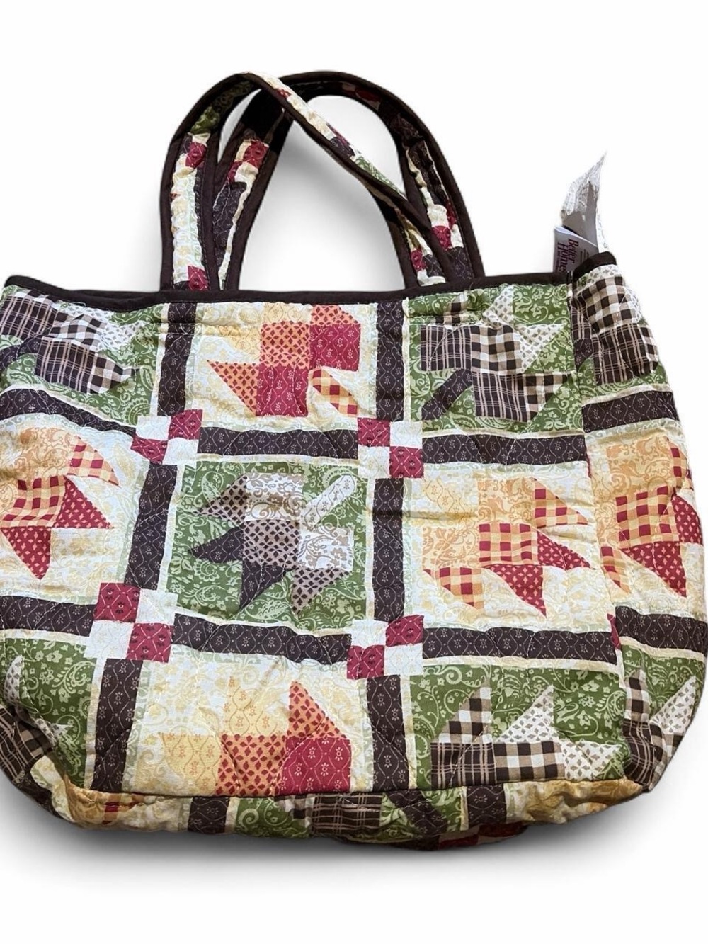 Quilted Patchwork Tote Bag in Red, Green & Brown
